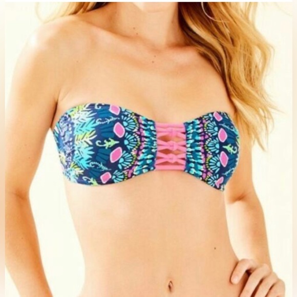 NWT LILLY PULITZER LATTICE BANDEAU INKY NAVY GLOW & Flow Strap SWIMSUIT 
Sz 14 - Picture 2 of 3